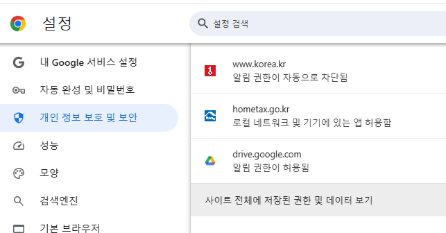 사이트 전체에 저장된 권한 및 데이터 보기