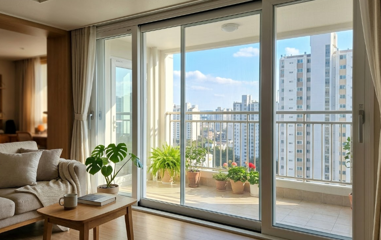 깔끔하게 시공된 아파트 거실 방충망 너머로 맑은 하늘이 보이는 방충망 시공 현장 사진