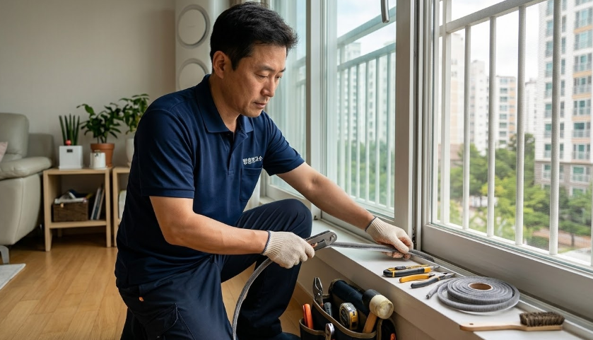 방충망고수 전문가가 작업복을 입고 거실 창틀에서 모헤어를 꼼꼼하게 교체하며 기밀성을 확인하는 모습