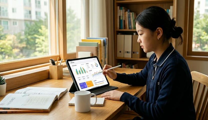 EBS 단추 AI 분석 화면을 보는 학생 뒷모습