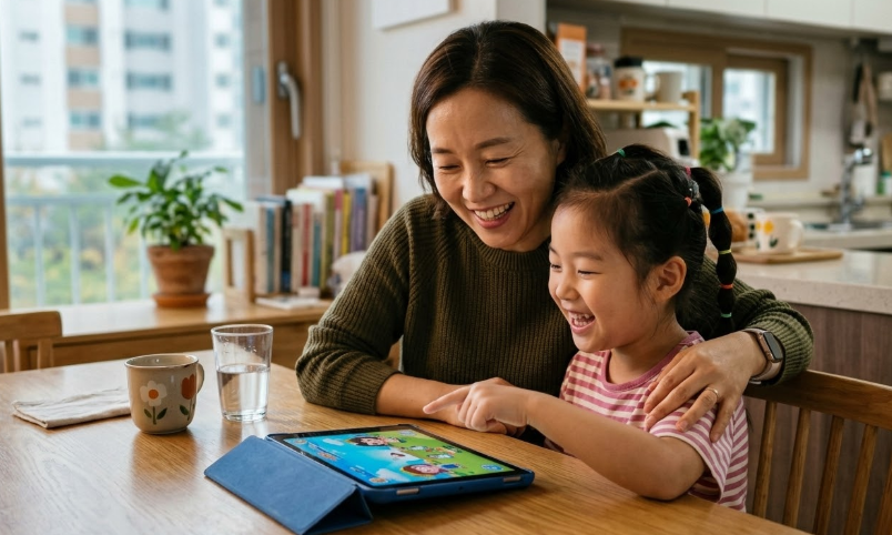 책상에 앉아 웃으며 공부하는 학생과 그 옆에서 지켜보는 학부모의 따뜻한 모습