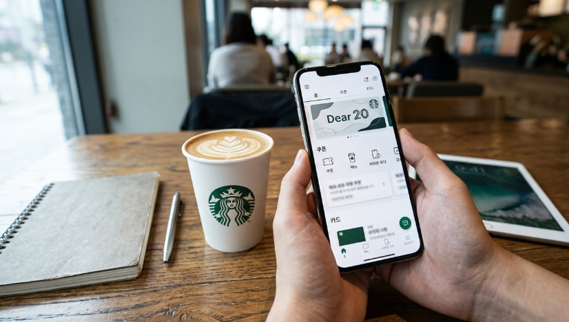 스타벅스 매장에서 노트북 작업을 하며 커피를 즐기기