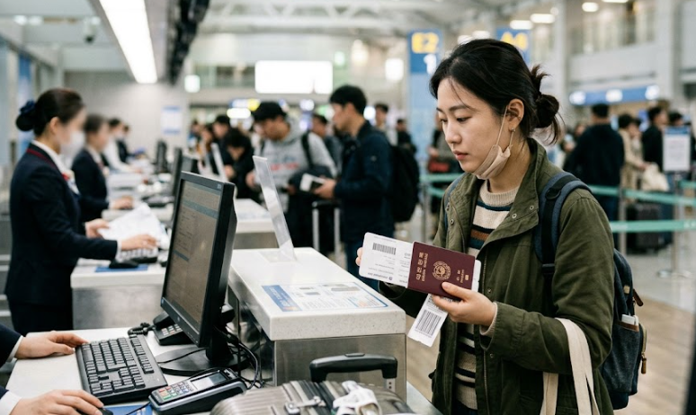 공항 카운터에서 탑승 수속을 하는 여행객