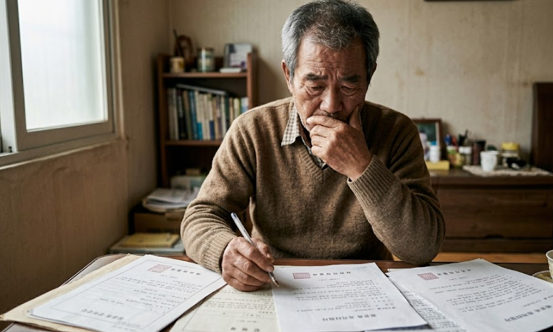 농지 전수 조사로 여러 서류를 펼쳐놓고 농지 관련 대책을 고민하는 농민의 모습