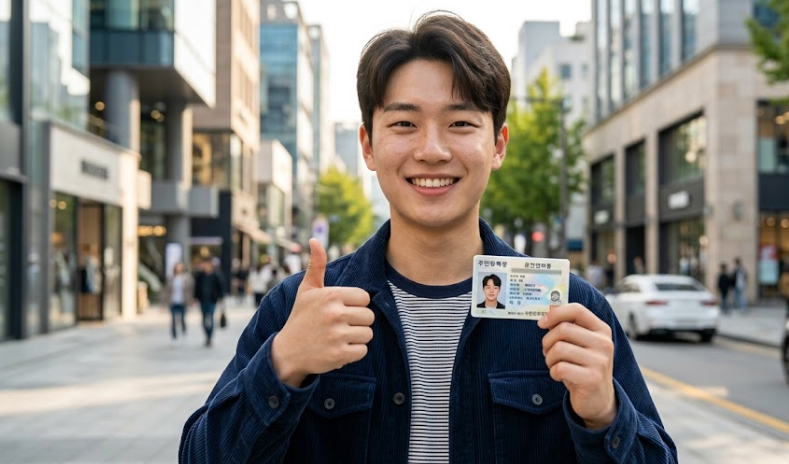 청년이 운전면허증 들고 웃고 있는 모습